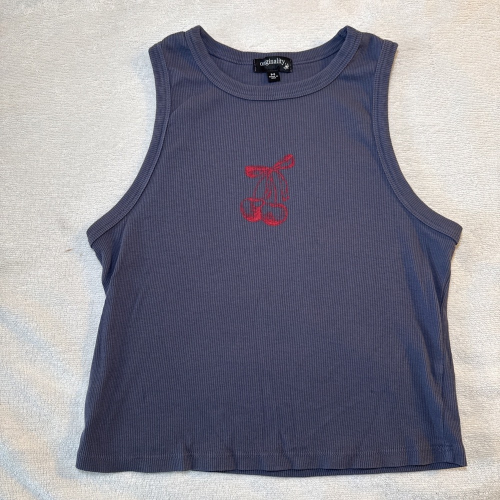 Originality Slate Grey Ribbed Tank Top Sz M Red Cherry Embroidered High Neck